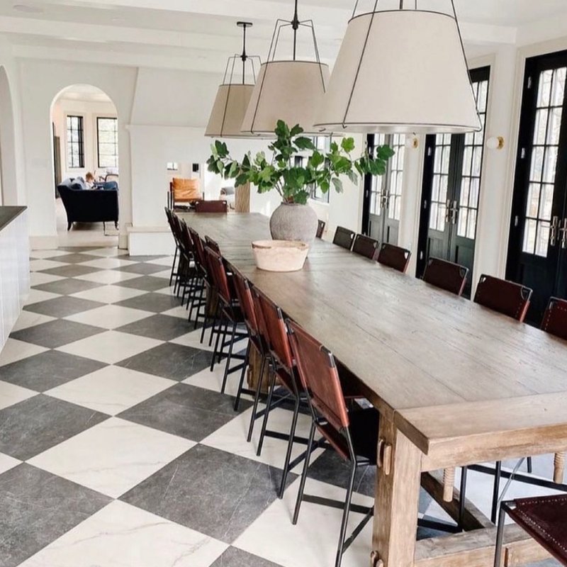 Checkerboard tiles in a bright kitchen