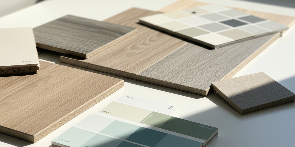 Flooring and paint samples on a flat surface