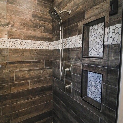 Wood look tile shower at 'Radharc A' Gleann' from Pioneer Floor Coverings & Design