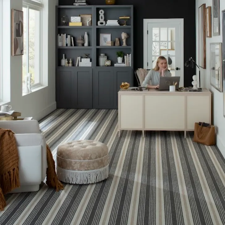 Karastan striped carpet in a stylish home office