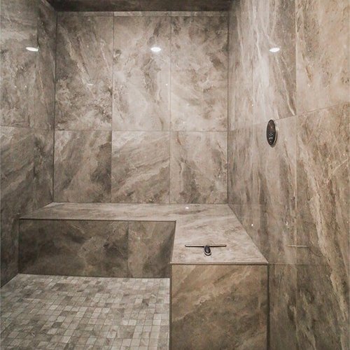 Large shower design at 'Elements at Sunset' from Pioneer Floor Coverings & Design