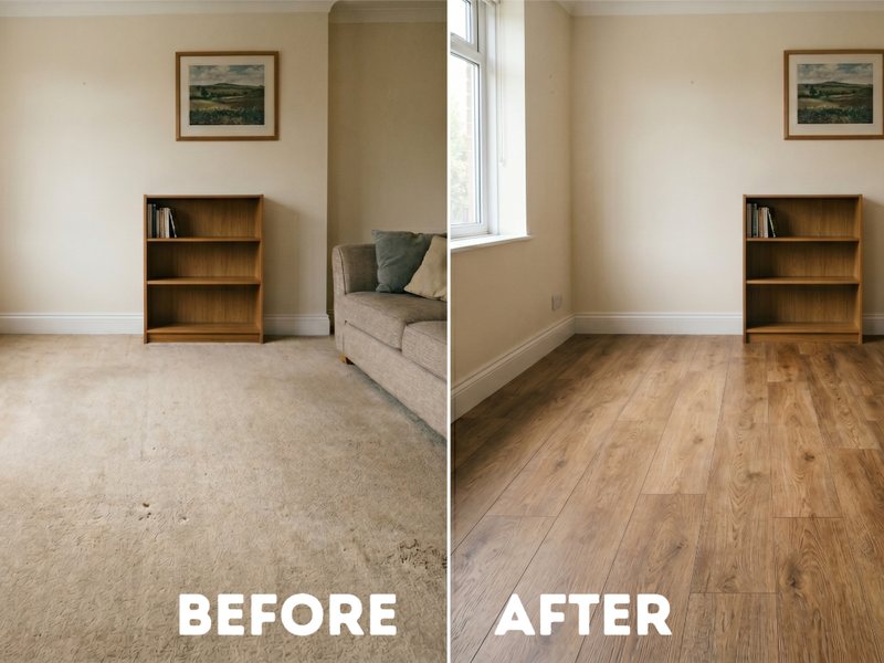 Before and after: upgrading to eco-friendly recycled-content LVP in a Cedar City, Utah home, 2026.