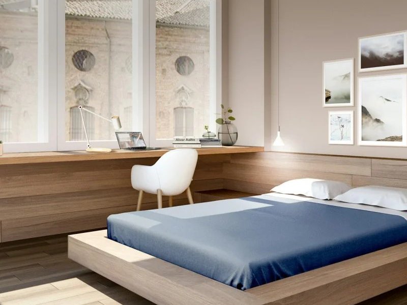 Modern bed on luxury vinyl flooring